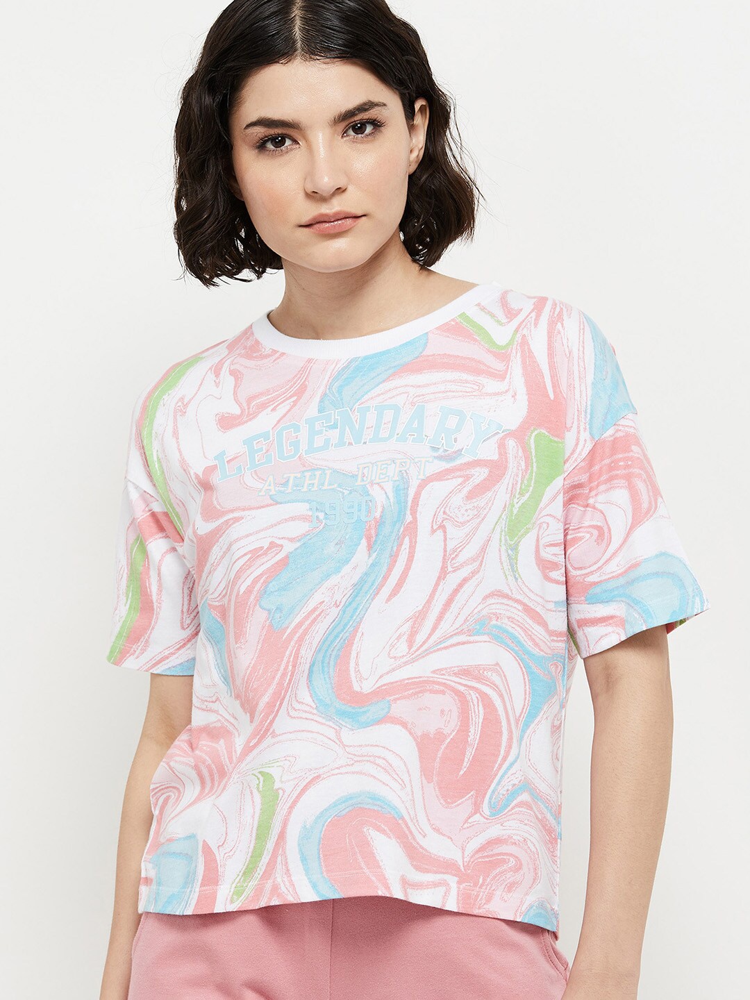 

max Women Pink Typography Printed Extended Sleeves Tropical Pure Cotton Raw Edge T-shirt
