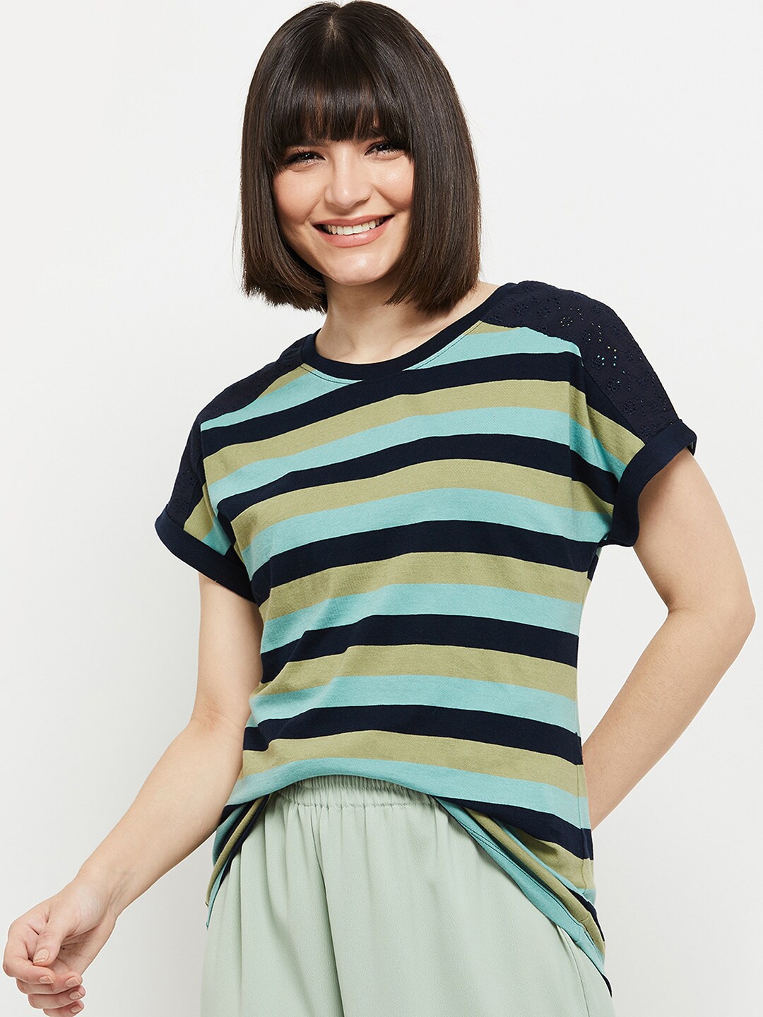 

max Women Blue Striped Extended Sleeves Pure Cotton T-shirt