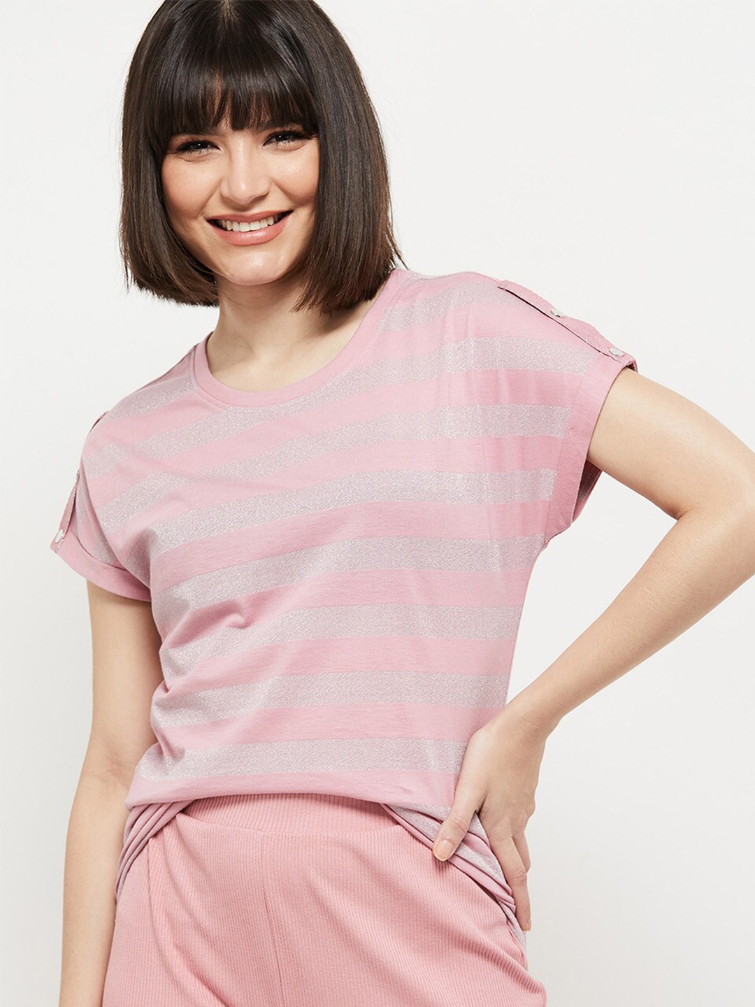 

max Women Pink Striped T-shirt