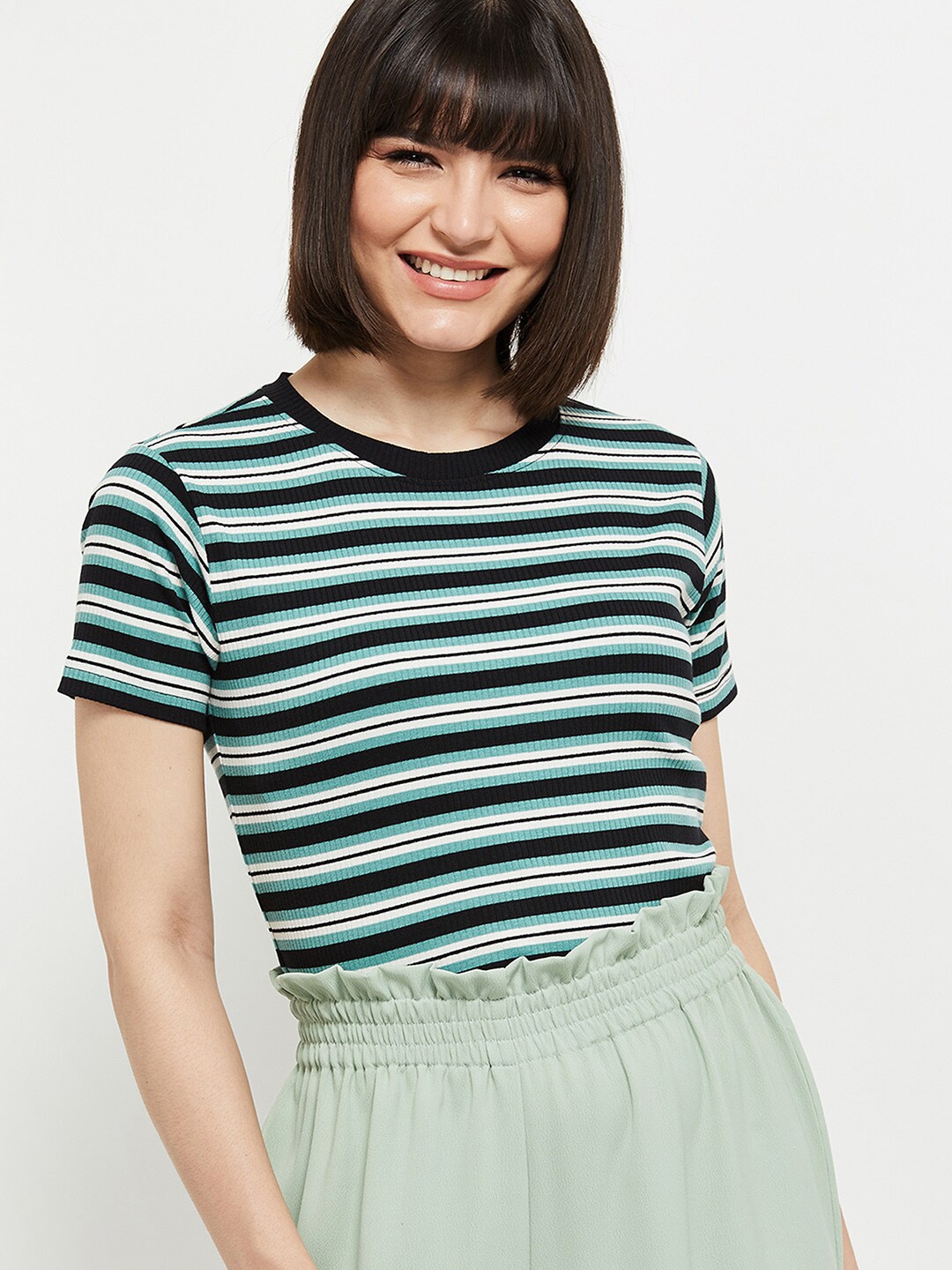 

max Women Green Striped T-shirt