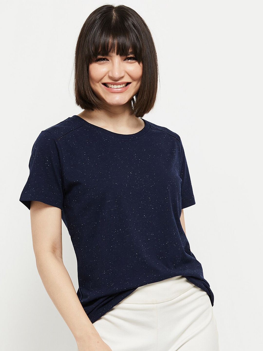 

max Women Blue Drop-Shoulder Sleeves T-shirt