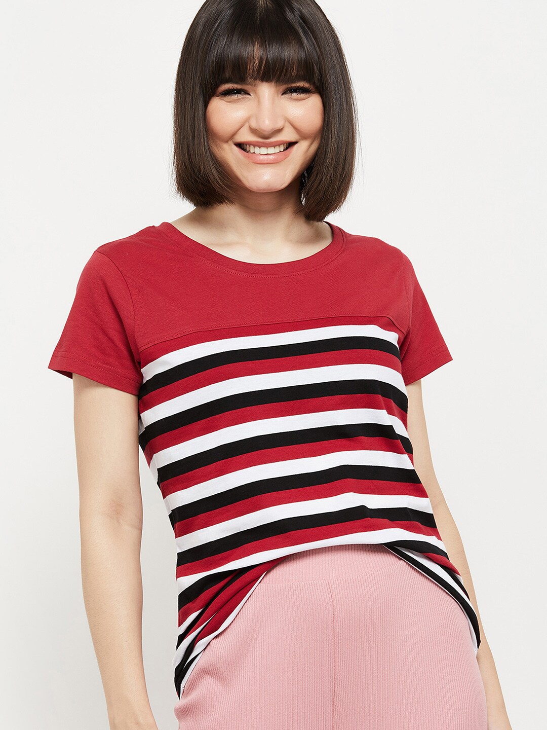 

max Women Red Striped Pure Cotton Raw Edge T-shirt