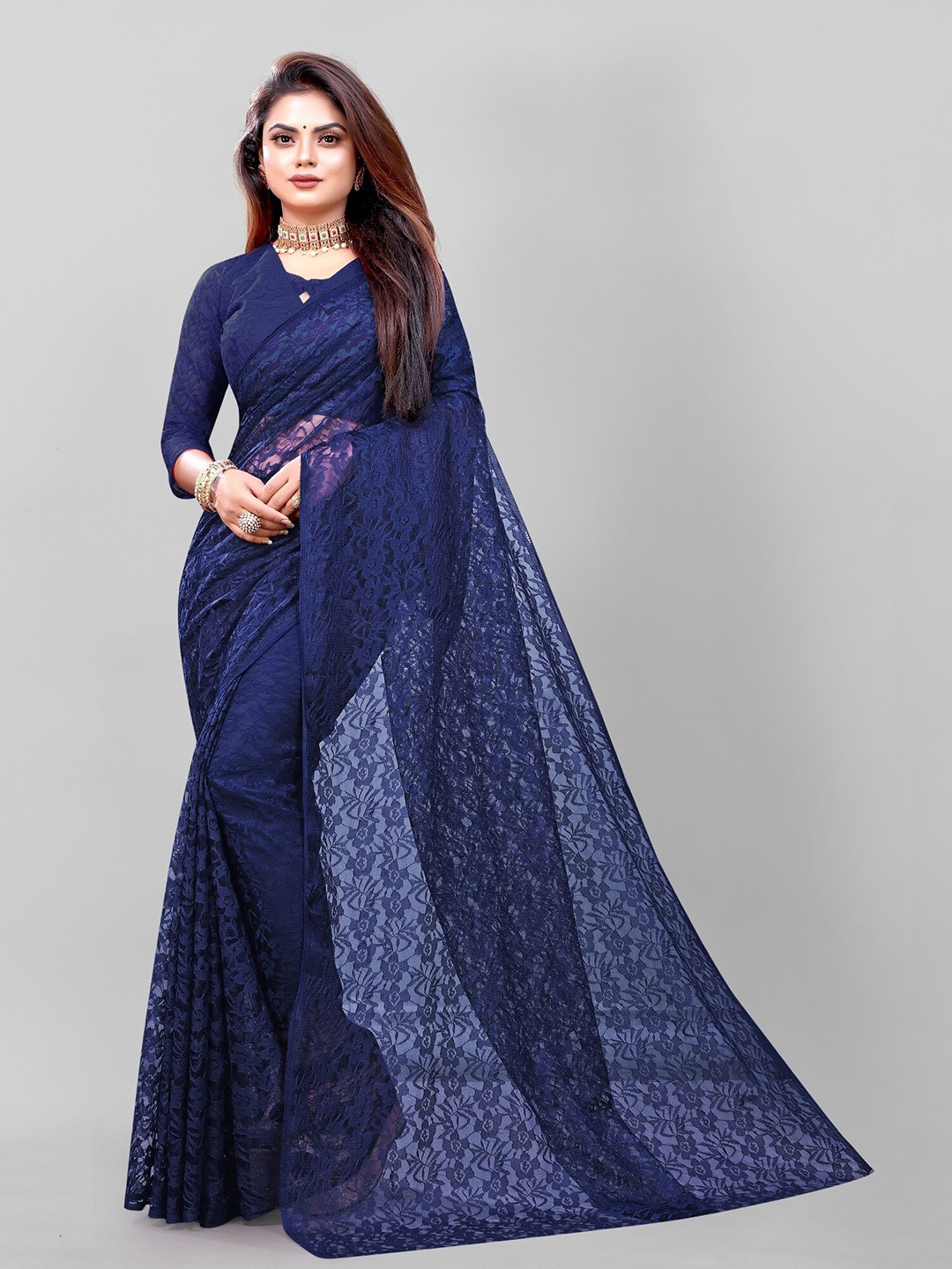 

APNISHA Navy Blue Floral Net Saree