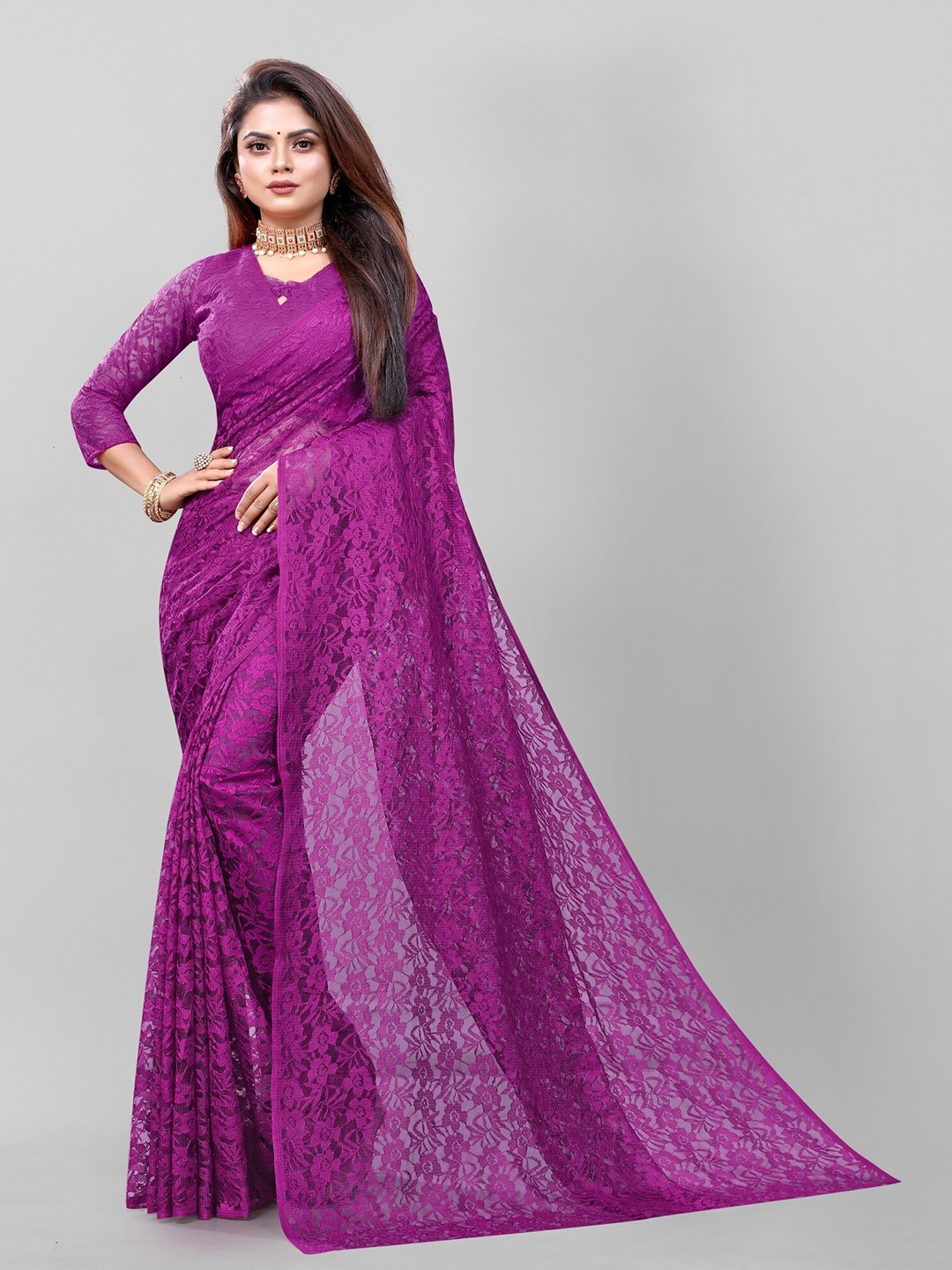 

APNISHA Purple Floral Net Saree