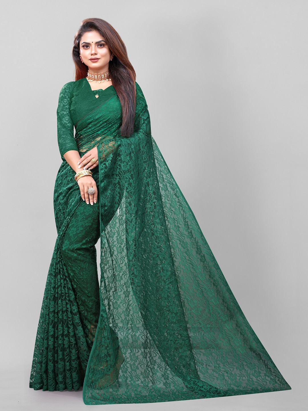 

APNISHA Green Floral Net Saree