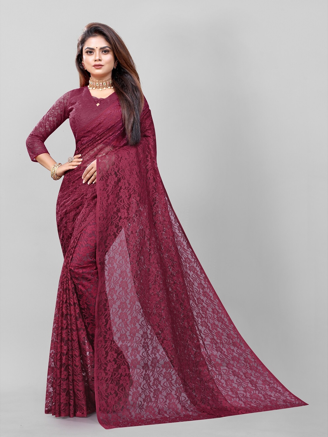 

APNISHA Maroon Floral Net Saree