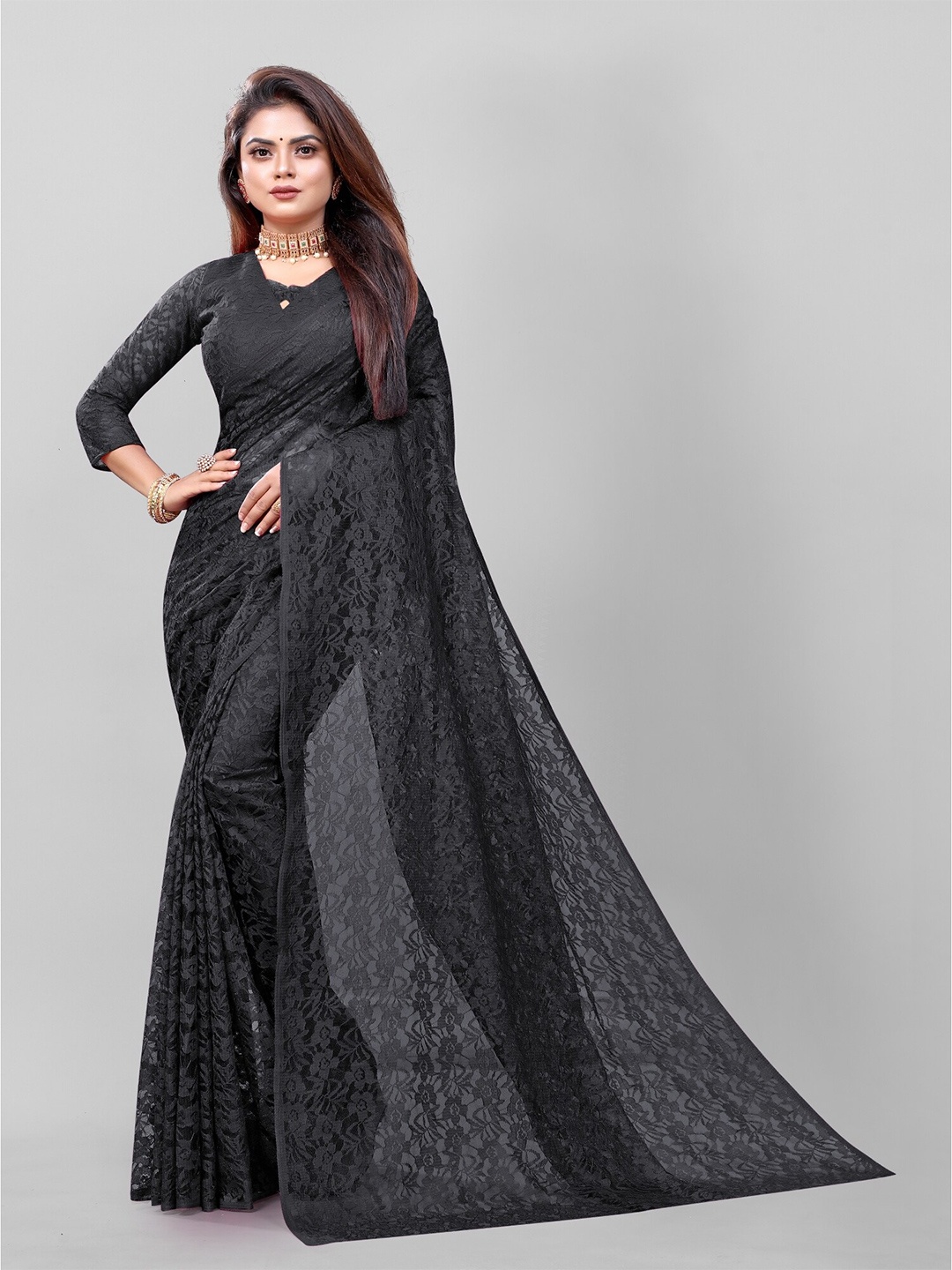 

APNISHA Black Floral Net Saree