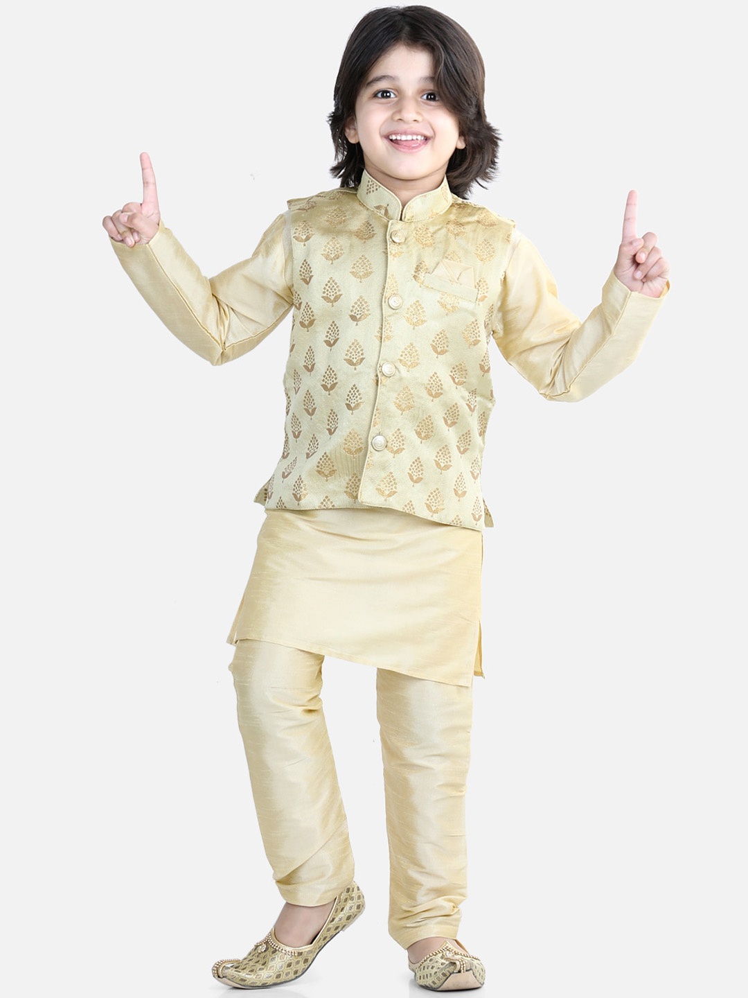 

BownBee Boys Beige Layered Pure Silk Kurti with Trousers