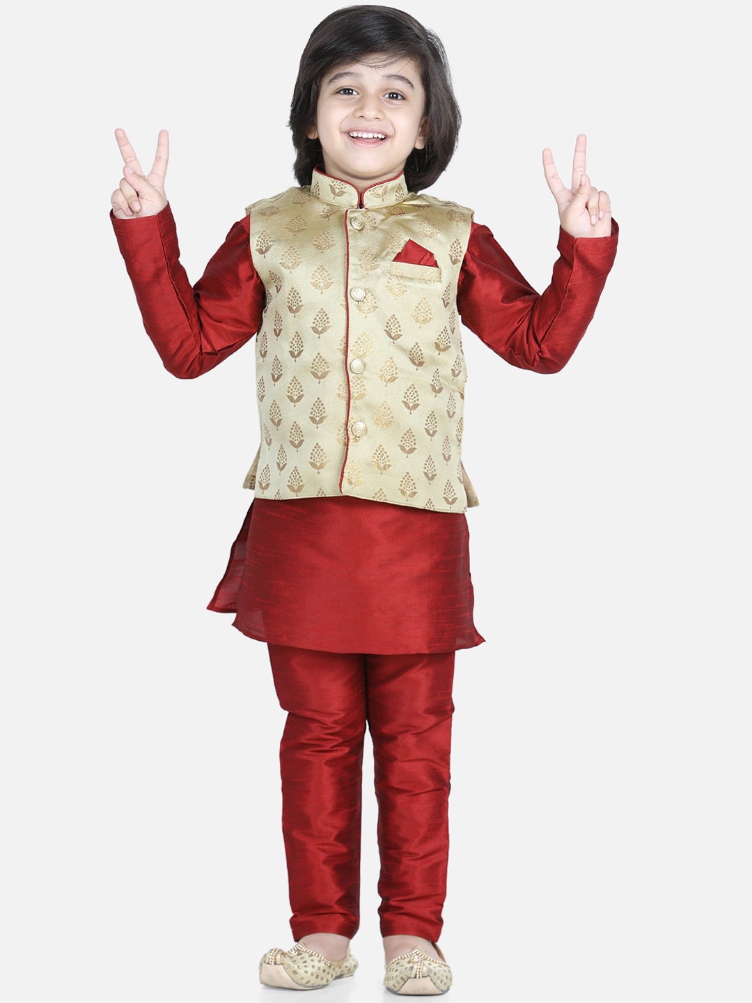 

BownBee Boys Maroon Layered Pure Silk Kurta with Pyjamas
