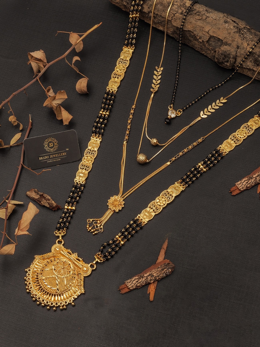 

Brado Jewellery Set of 4 Gold-Plated Black Beaded Mangalsutras