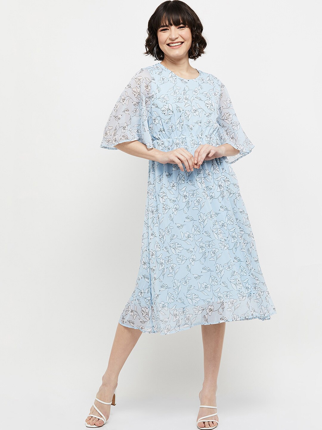 

max Blue Floral A-Line Midi Dress
