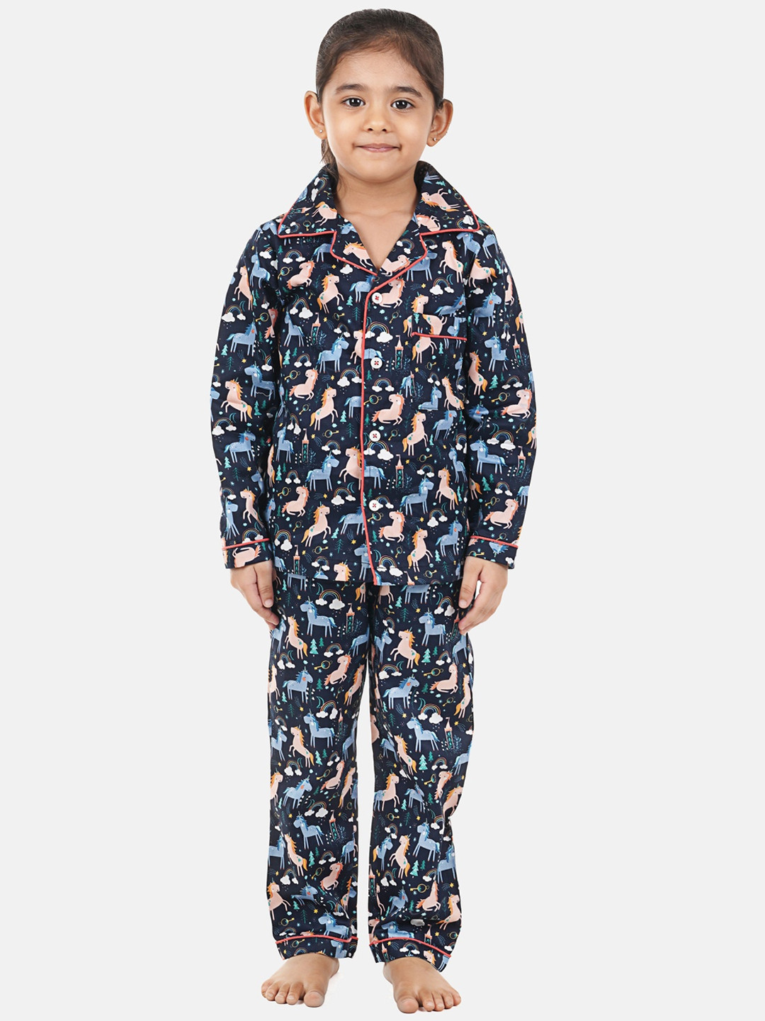 

Hippodrome Unisex Kids Navy Blue & White Printed Night suit