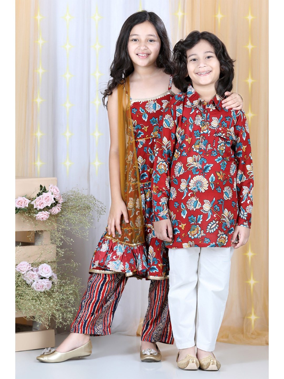 

Cutiekins Maroon & Brown Floral & Striped Printed Flared Kurta & Palazzo Set