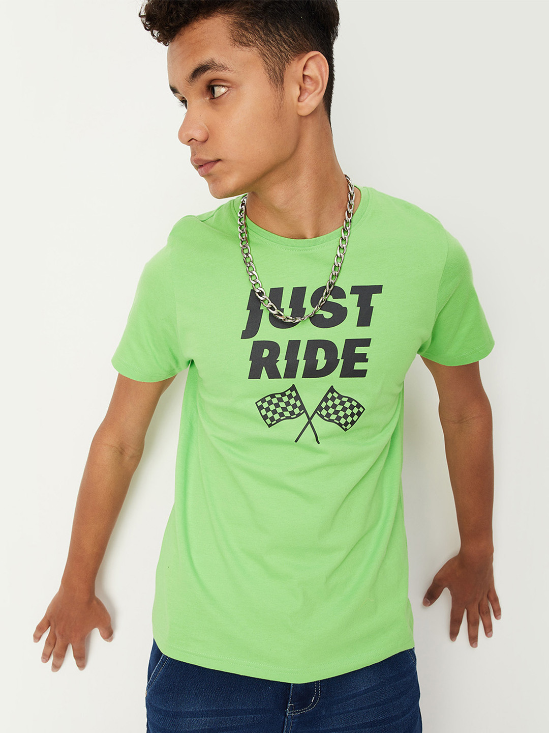 

max Boys Green Typography Printed Pure Cotton T-shirt