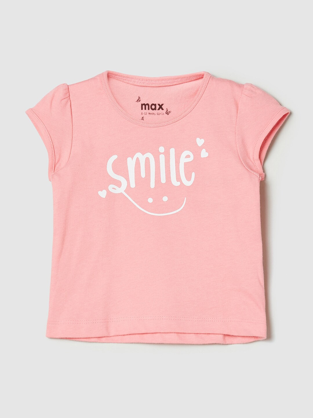 

max Girls Pink Typography Printed V-Neck Raw Edge T-shirt
