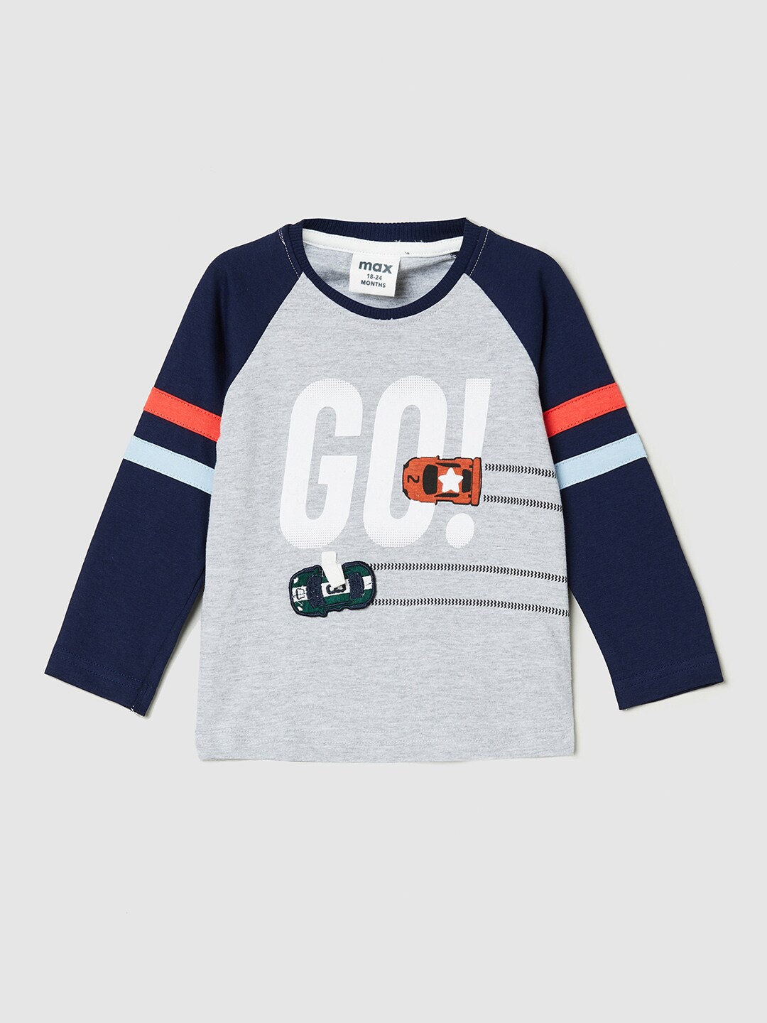 

max Boys Grey Typography Colourblocked Drop-Shoulder Sleeves Applique T-shirt