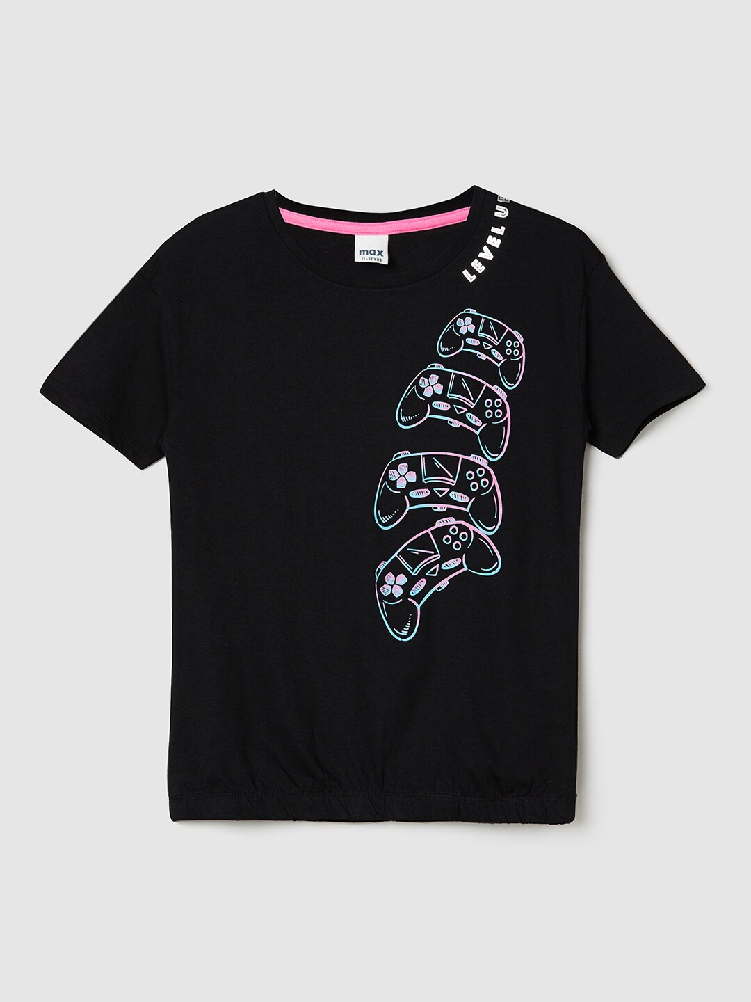 

max Girls Black Printed V-Neck T-shirt