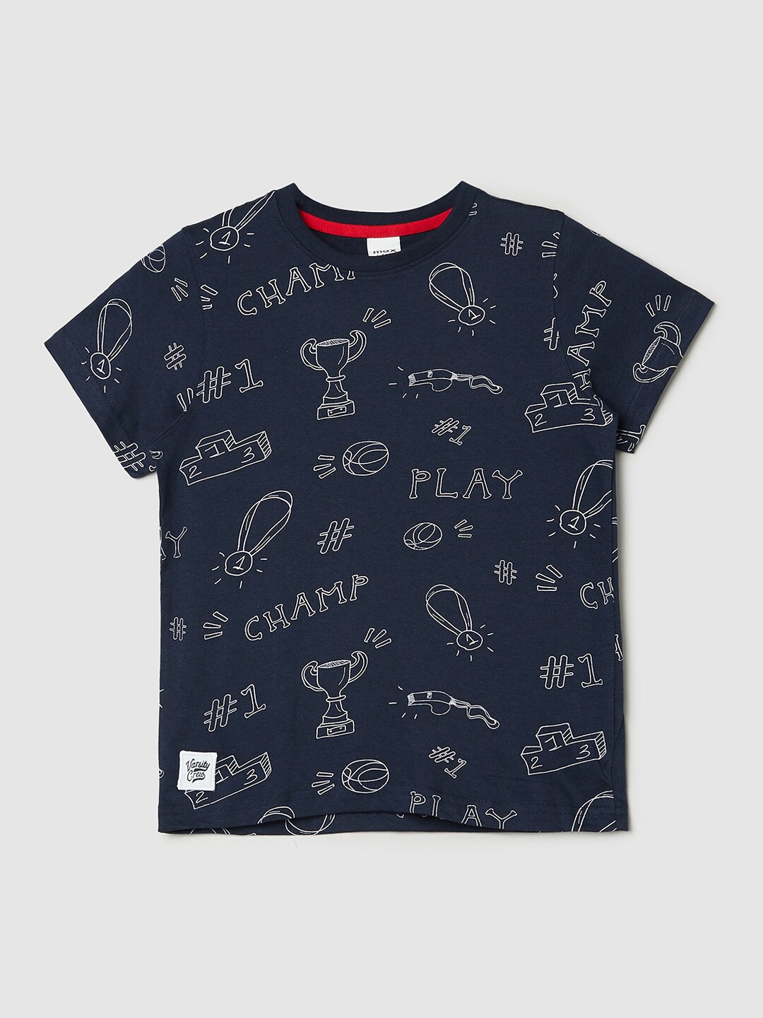 

max Boys Navy Blue Printed Extended Sleeves Applique T-shirt
