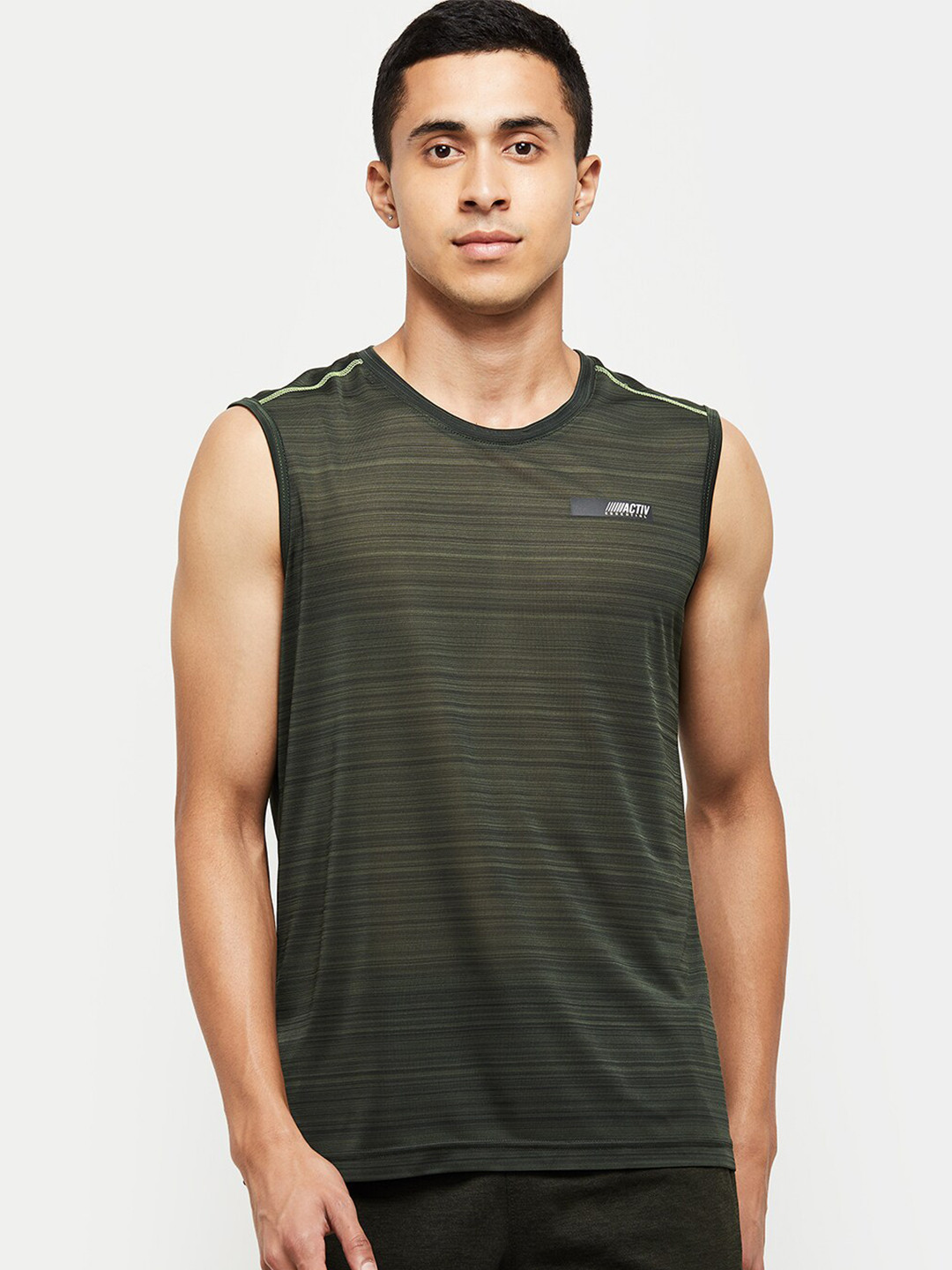 

max Men Olive Green Striped T-shirt