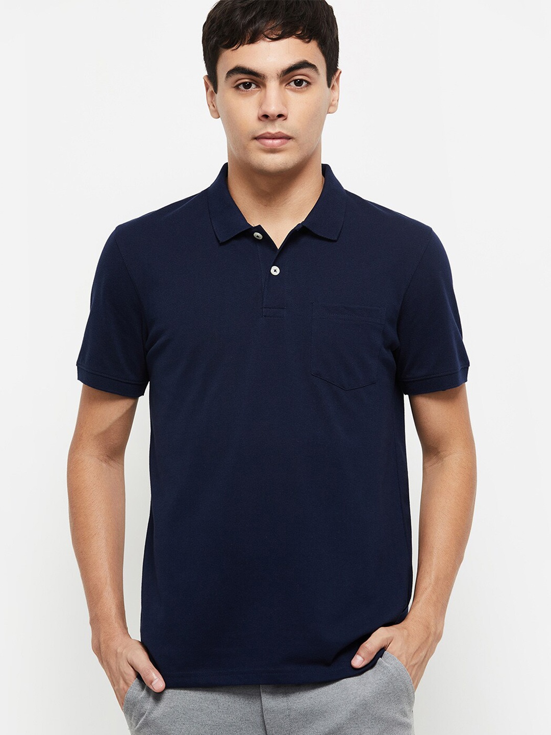 

max Men Navy Blue Polo Collar Slim Fit T-shirt