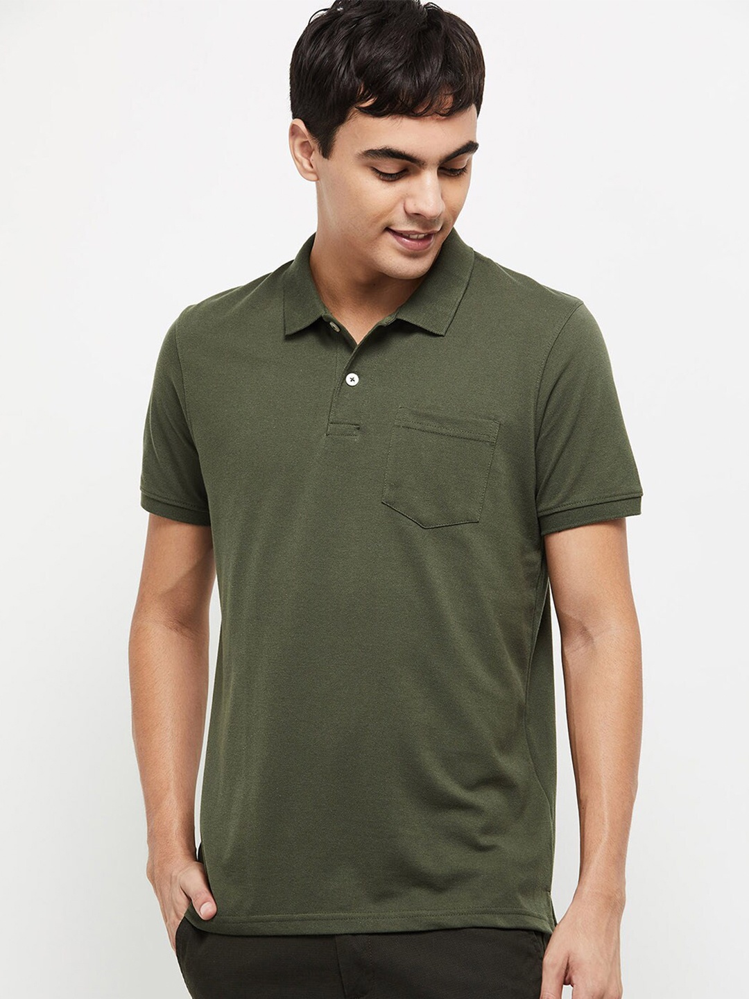 

max Men Olive Green Polo Collar Slim Fit T-shirt