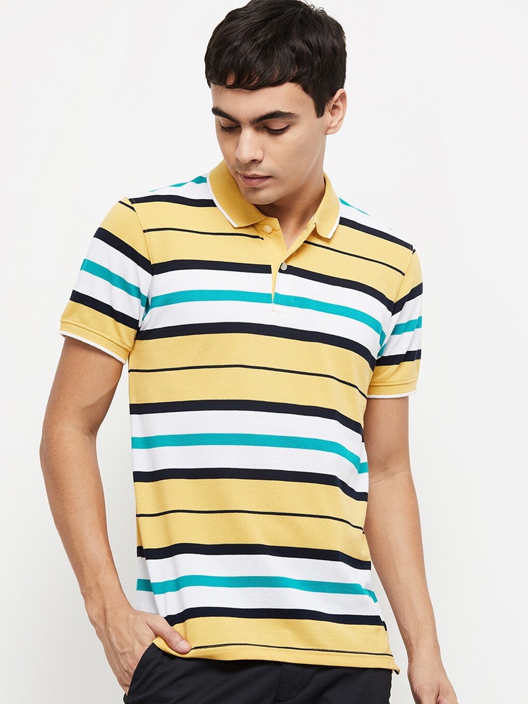 

max Men Yellow Striped Polo Collar Slim Fit T-shirt