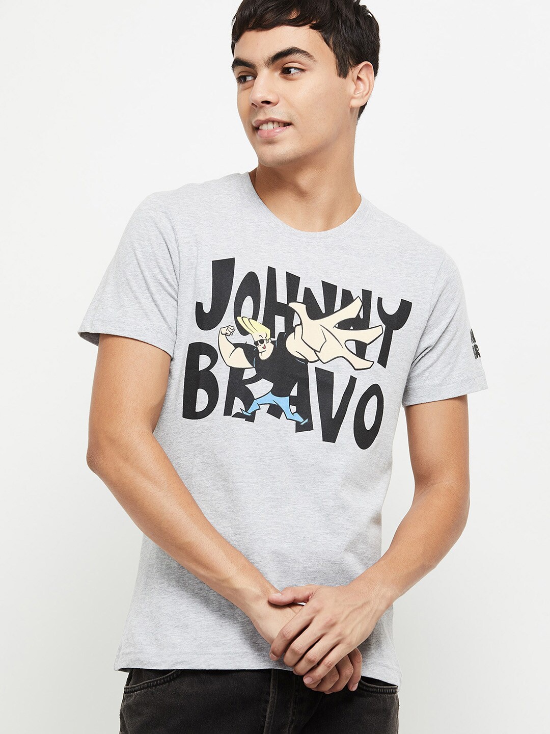 

max Men Grey Melange Typography Printed Slim Fit T-shirt