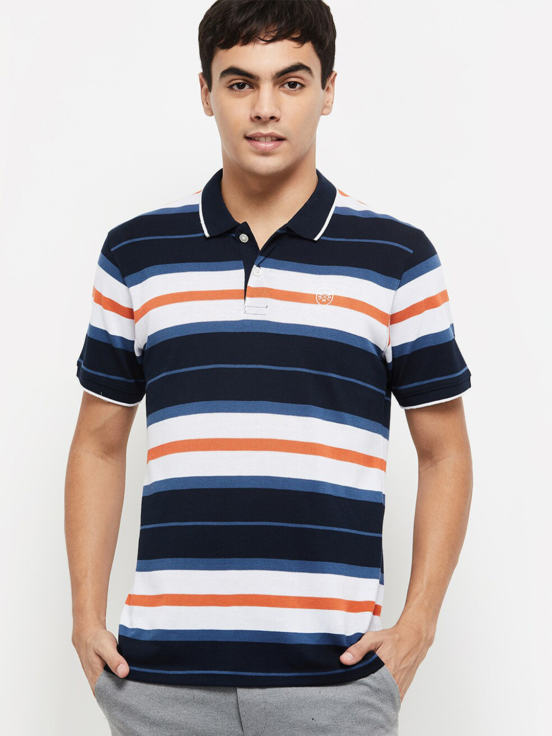 

max Men Navy Blue Striped Polo Collar Slim Fit T-shirt
