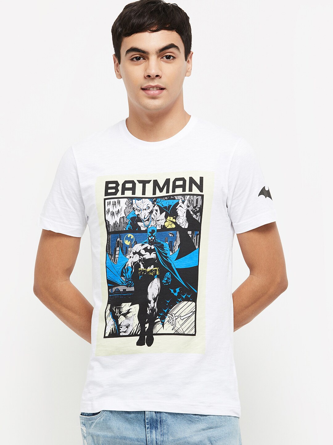 

max Men White Printed Raw Edge T-shirt