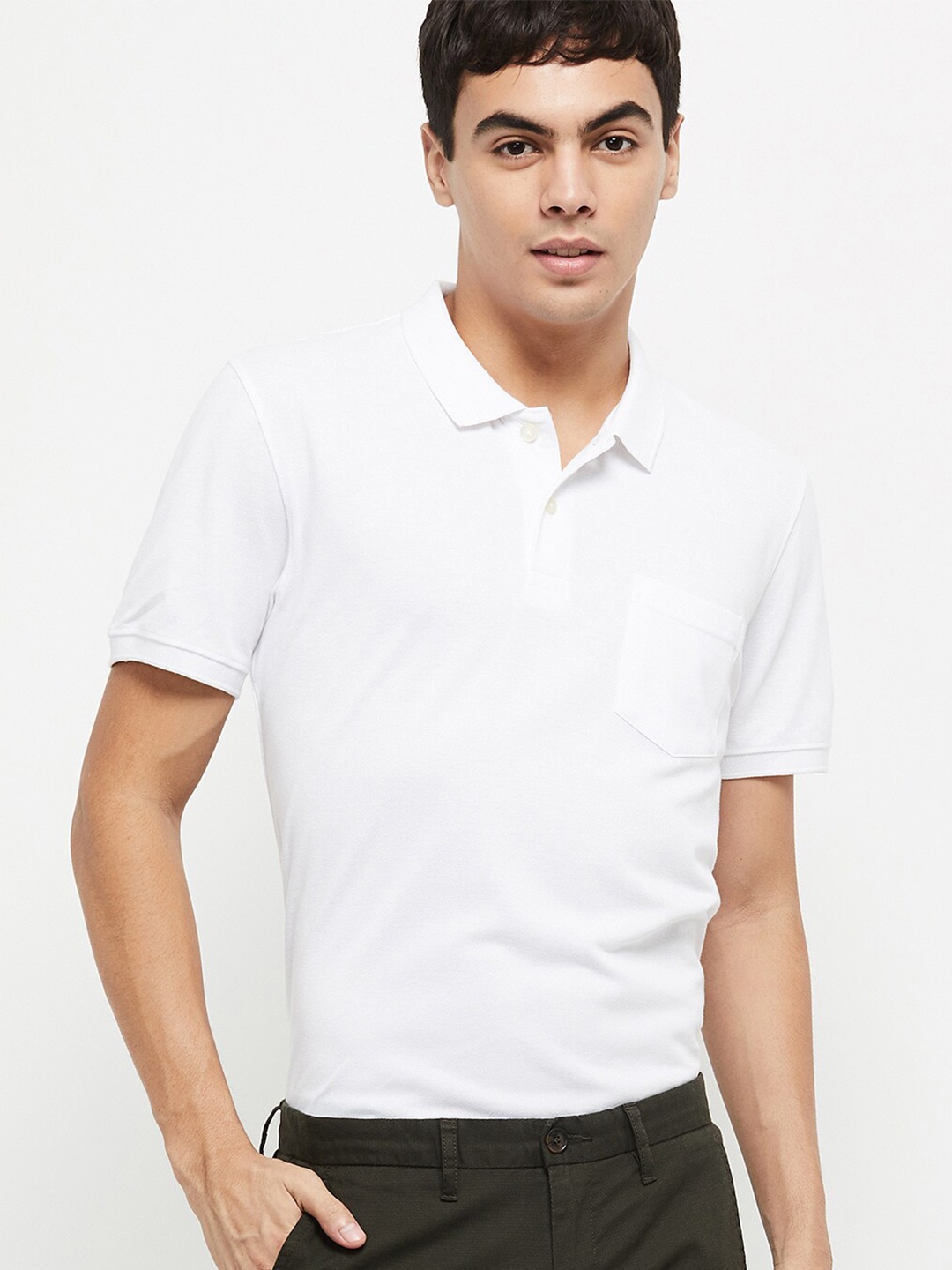 

max Men White Polo Collar Slim Fit T-shirt