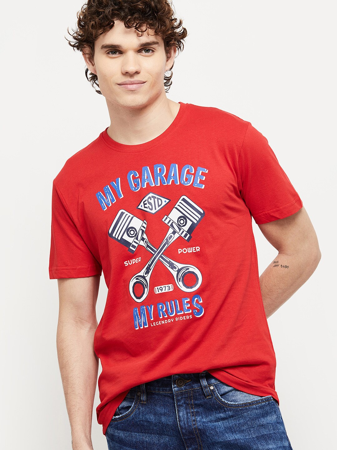 

max Men Red Biker Printed Applique T-shirt