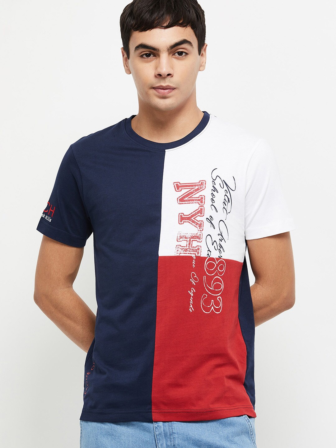 max Men Navy Blue Typography Colourblocked Applique T-shirt