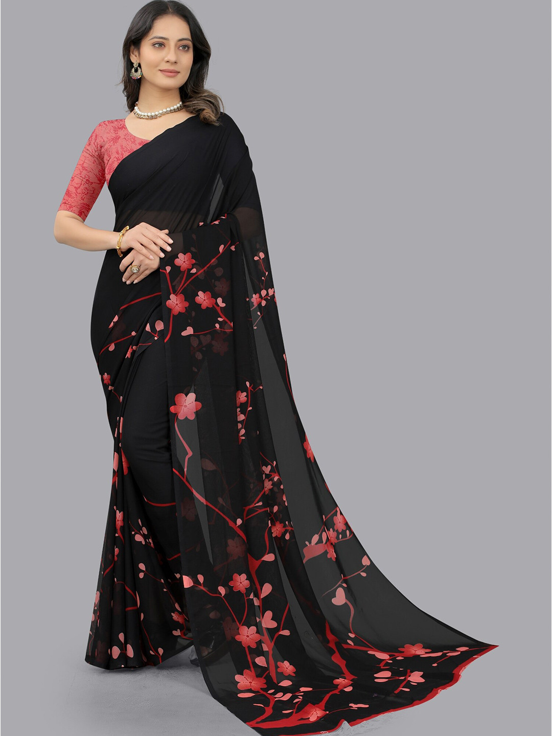 

APNISHA Black & Red Floral Pure Georgette Saree
