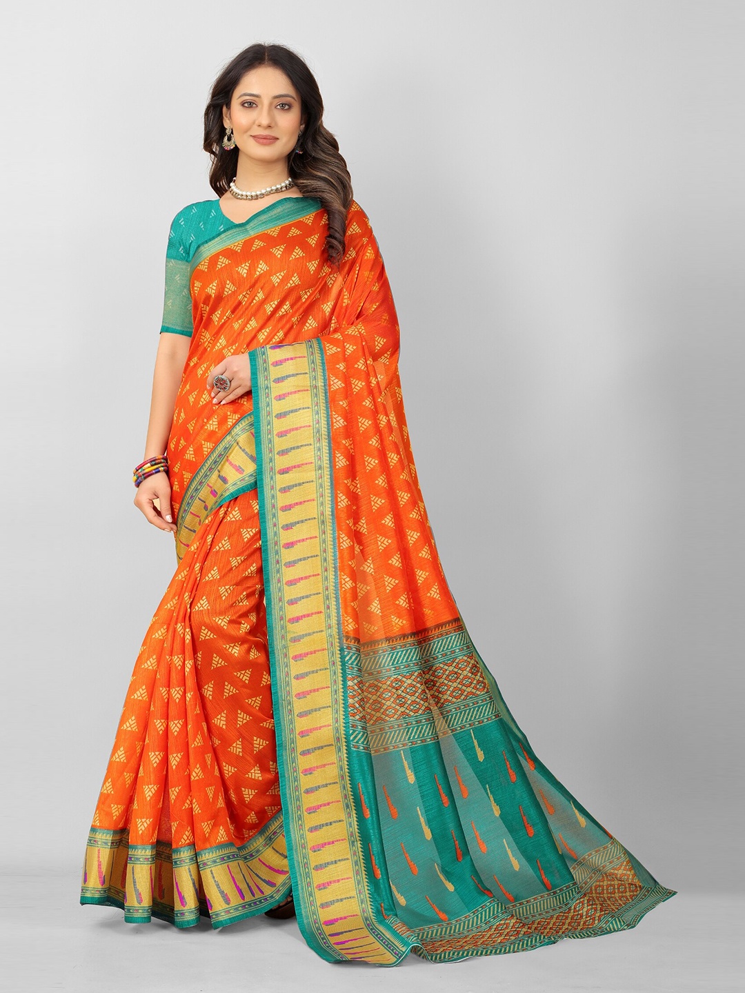

APNISHA Orange & Green Zari Pure Cotton Saree