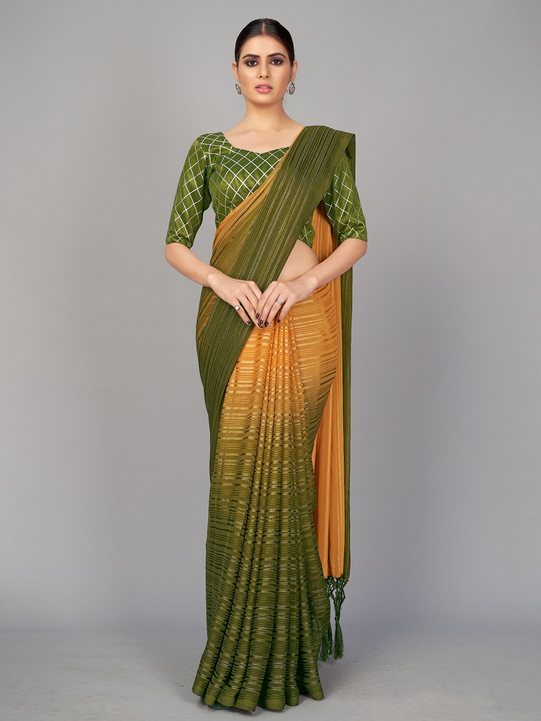 

APNISHA Green & Mustard Striped Pure Silk Saree