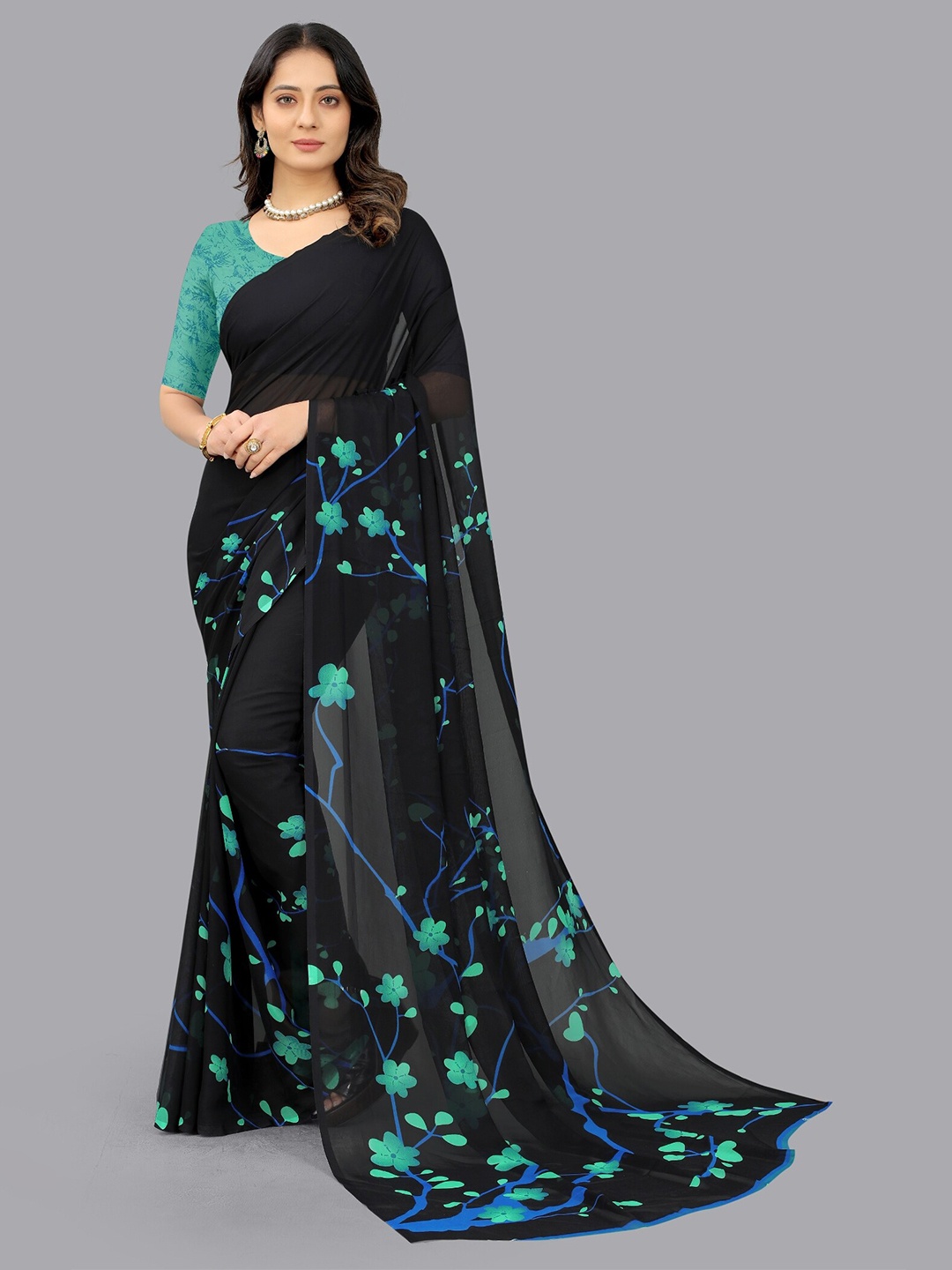 

APNISHA Blue & Green Floral Pure Georgette Saree