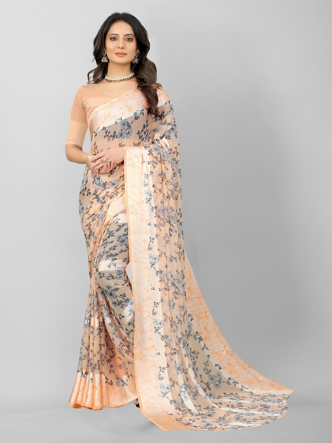 

APNISHA Beige & Grey Floral Pure Georgette Saree