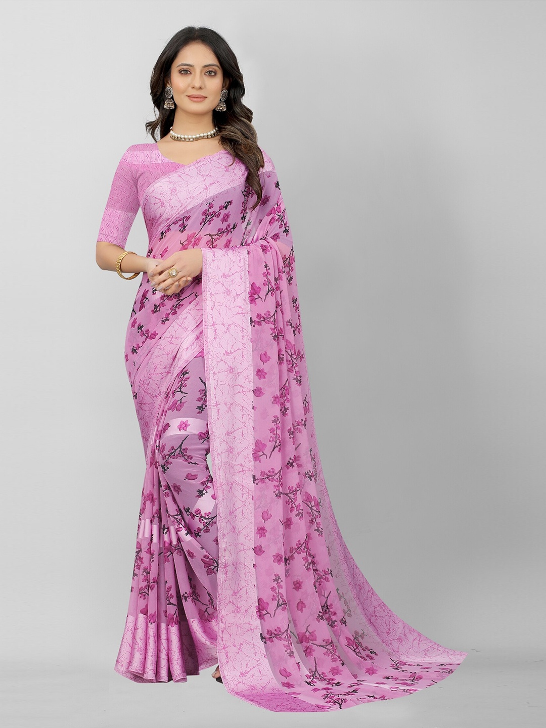 

APNISHA Pink Floral Pure Georgette Saree