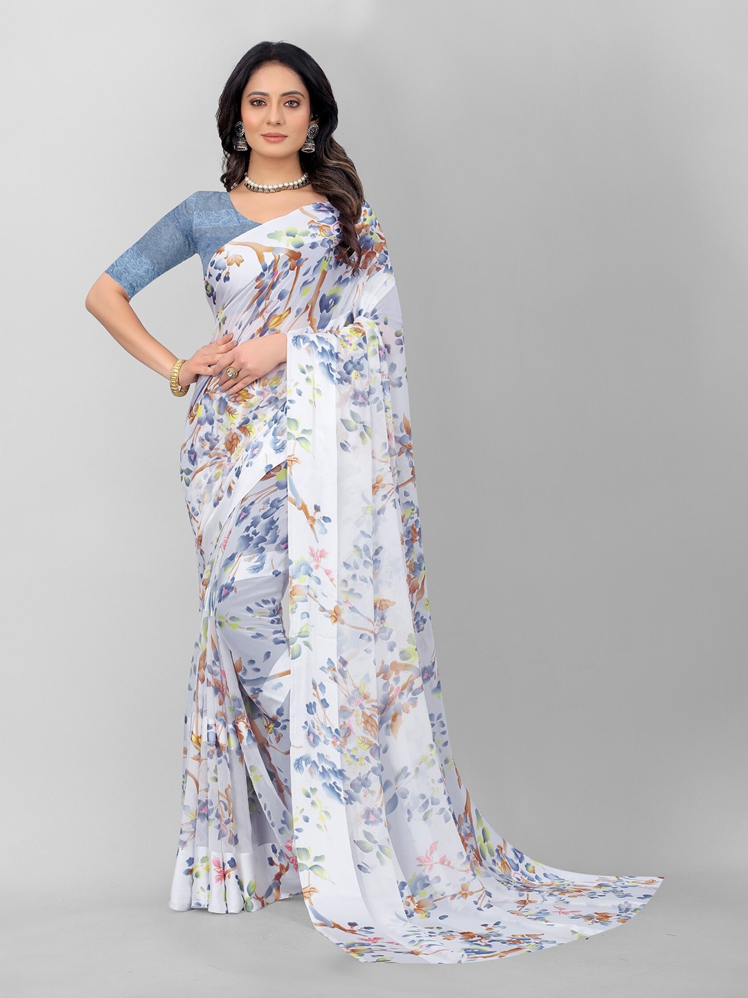 

APNISHA White & Grey Floral Pure Georgette Saree