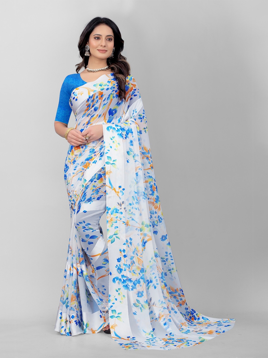 APNISHA Grey & Blue Floral Pure Georgette Saree