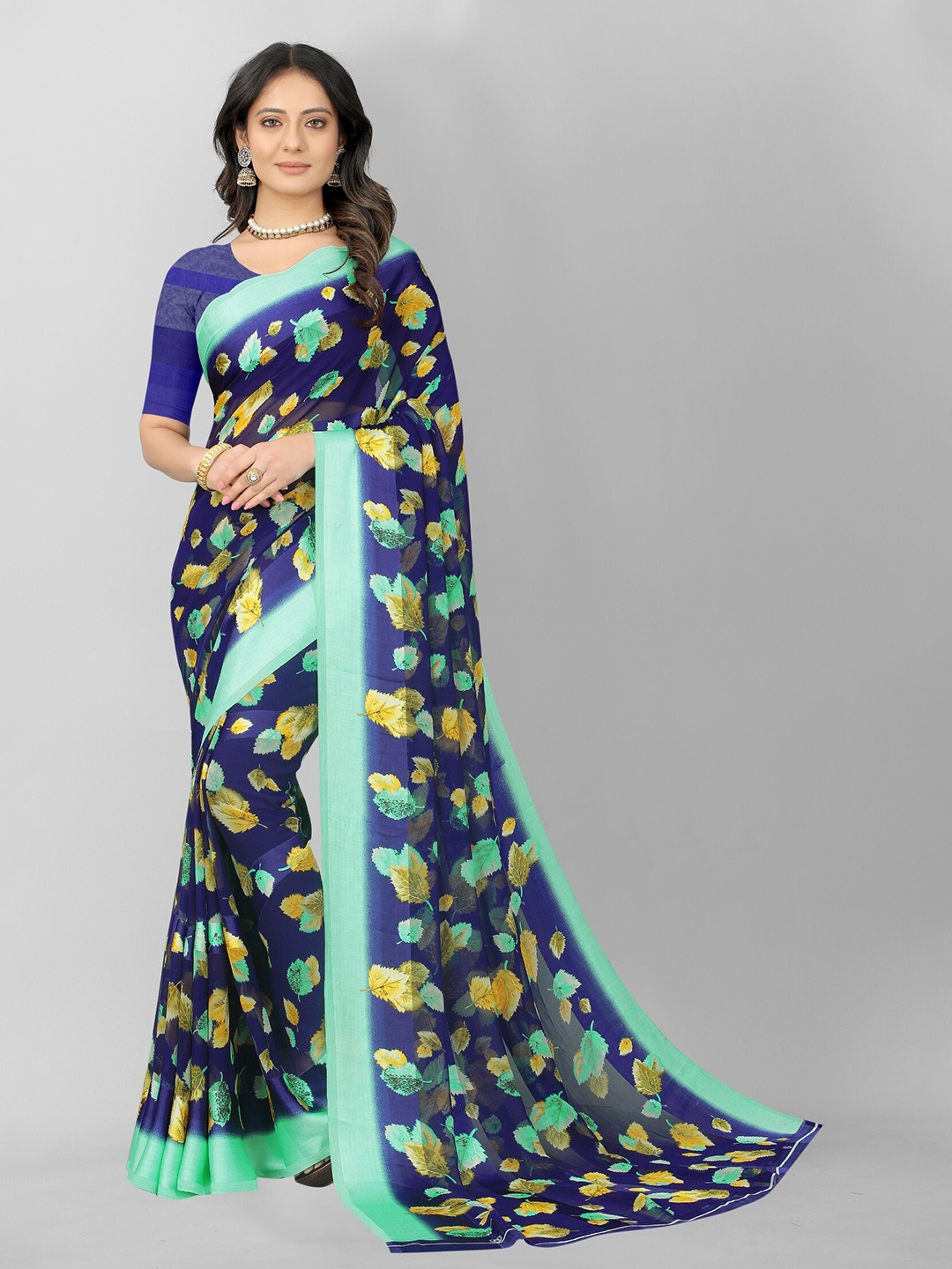 

APNISHA Blue & Brown Pure Georgette Saree