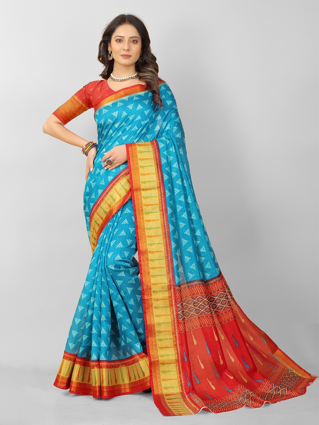 

APNISHA Blue & Orange Zari Pure Cotton Saree