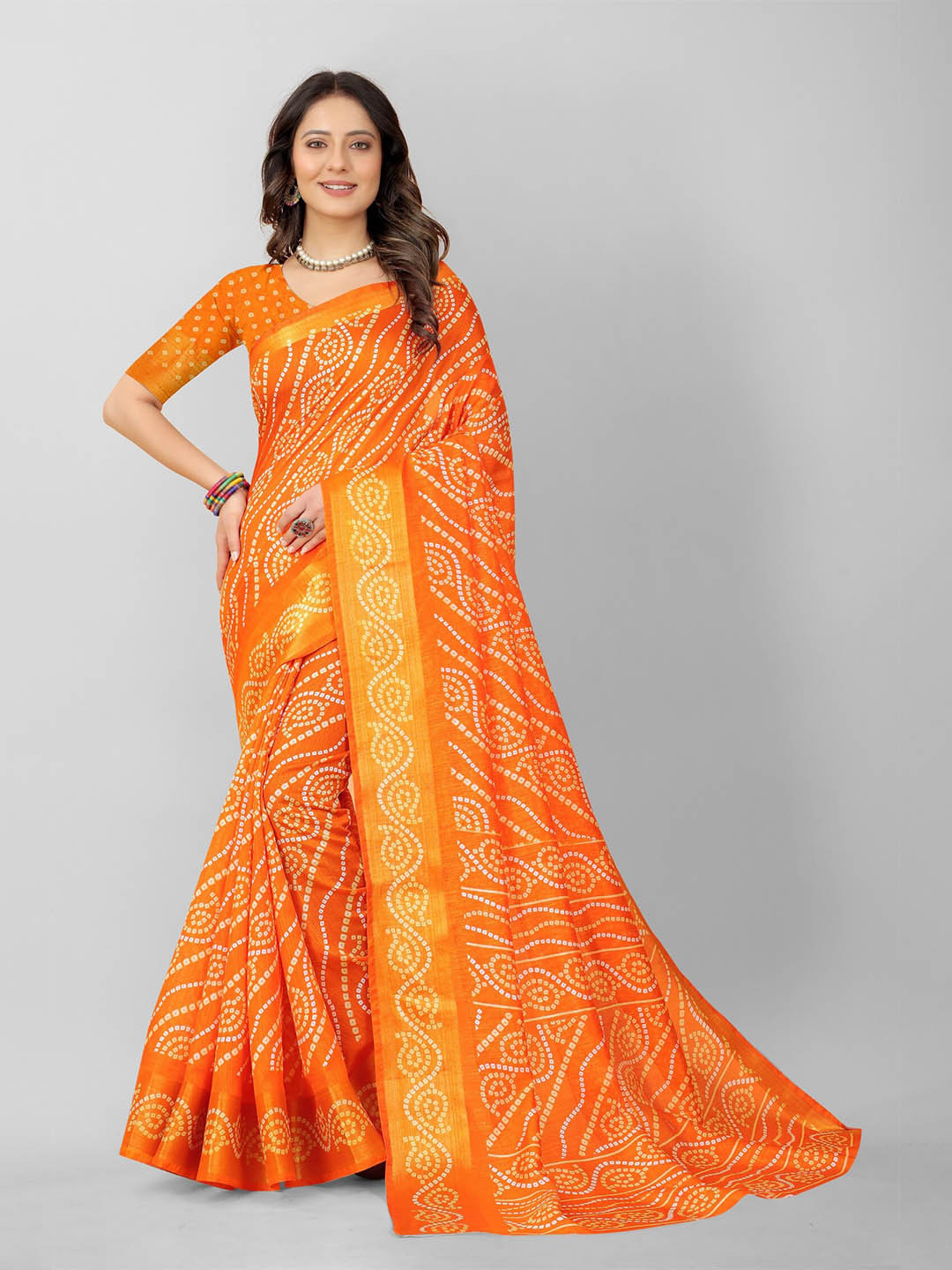 

APNISHA Orange & White Bandhani Zari Pure Cotton Saree