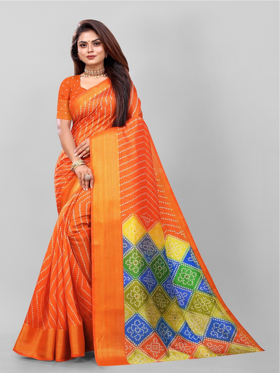 

APNISHA Orange & Green Striped Zari Pure Cotton Saree