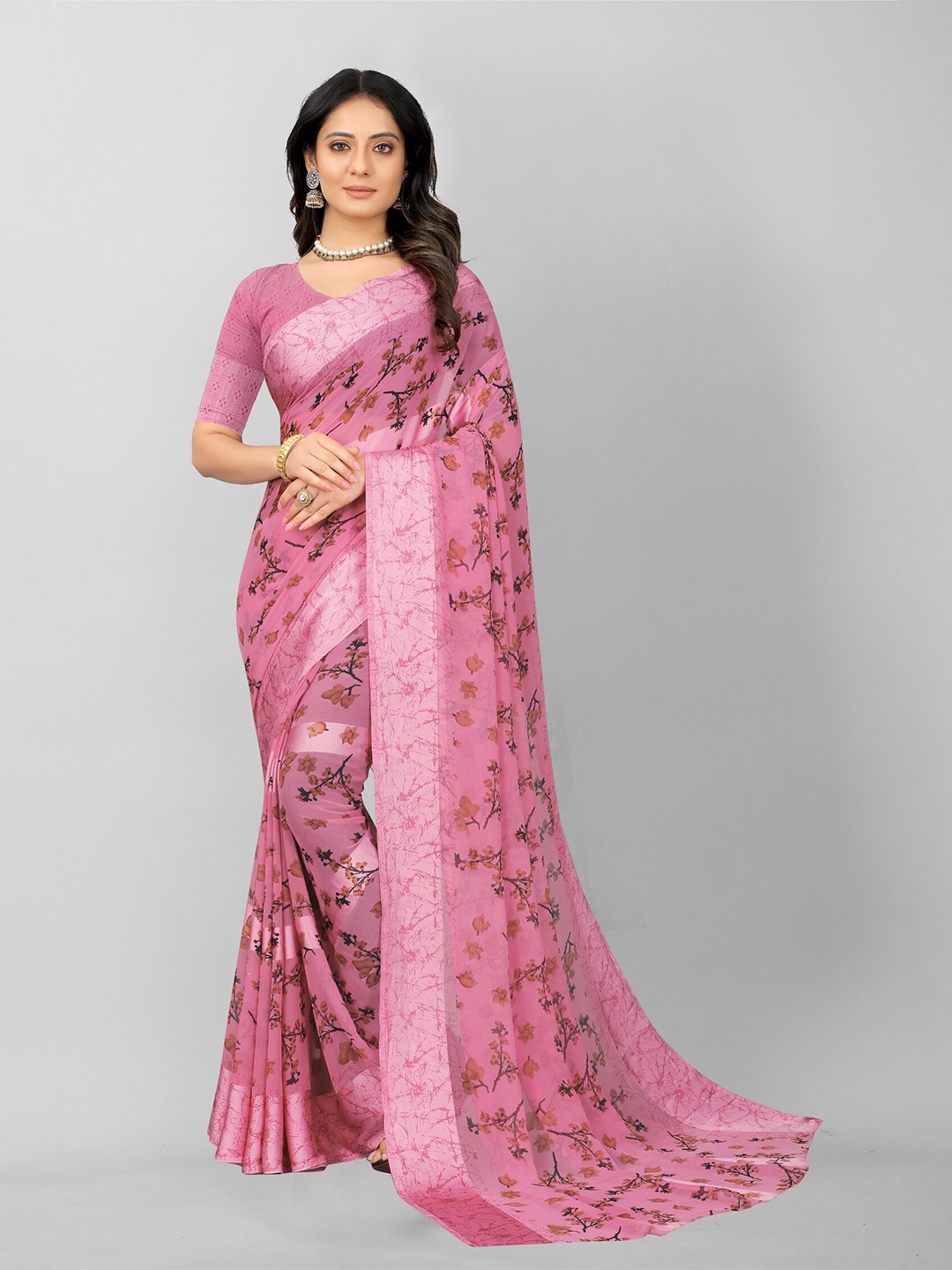 

APNISHA Peach-Coloured & Brown Floral Pure Georgette Saree