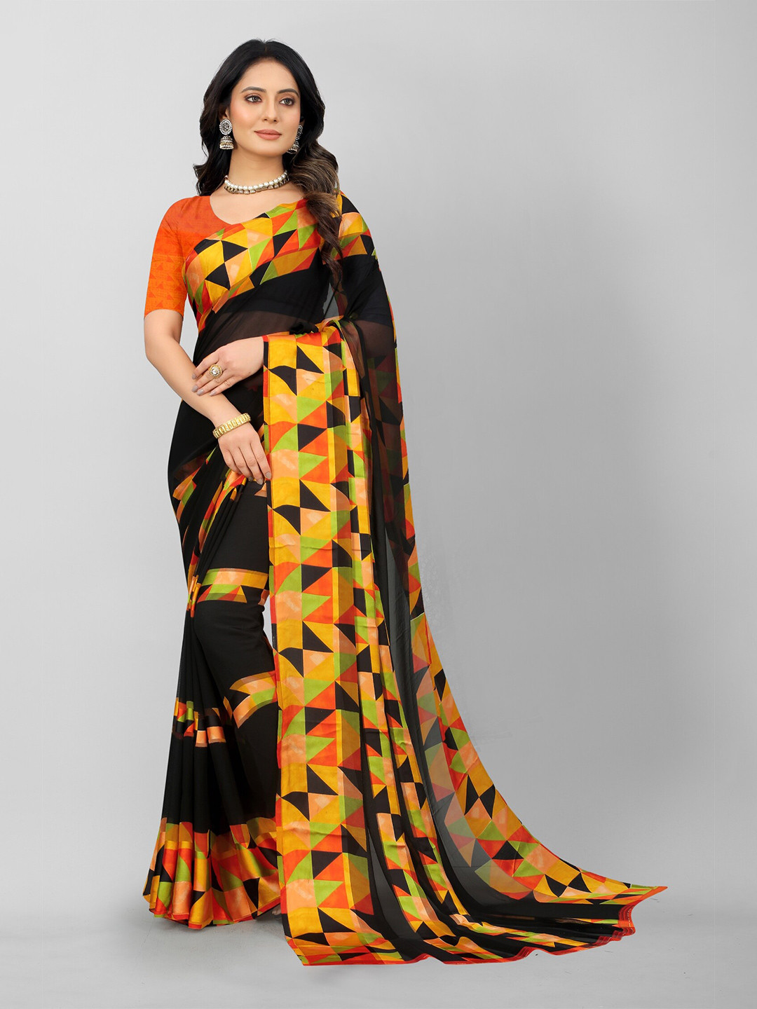 

APNISHA Yellow & Black Pure Georgette Saree