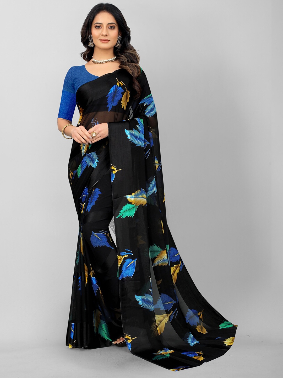 

APNISHA Black & Blue Floral Pure Georgette Saree