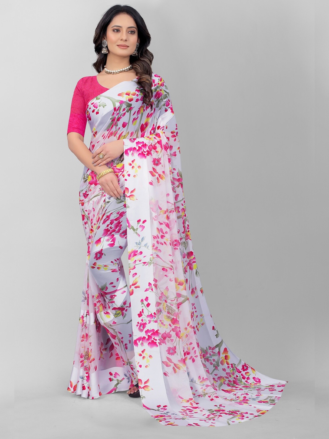

APNISHA Pink & White Floral Pure Georgette Saree