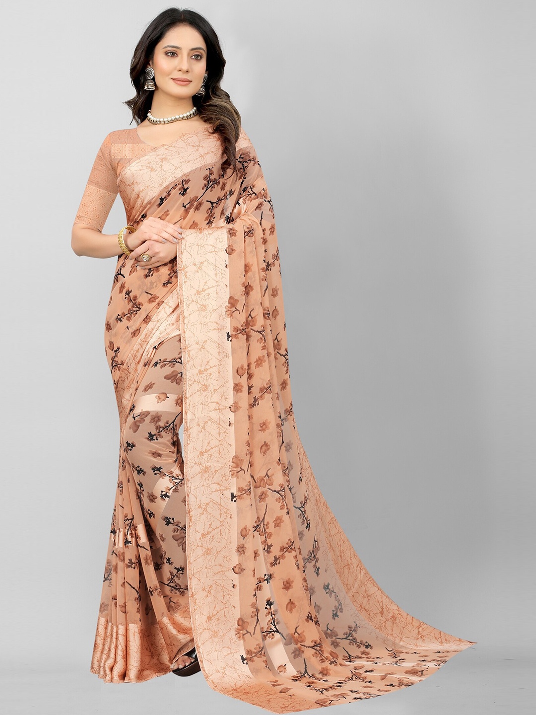 

APNISHA Brown Floral Pure Georgette Saree