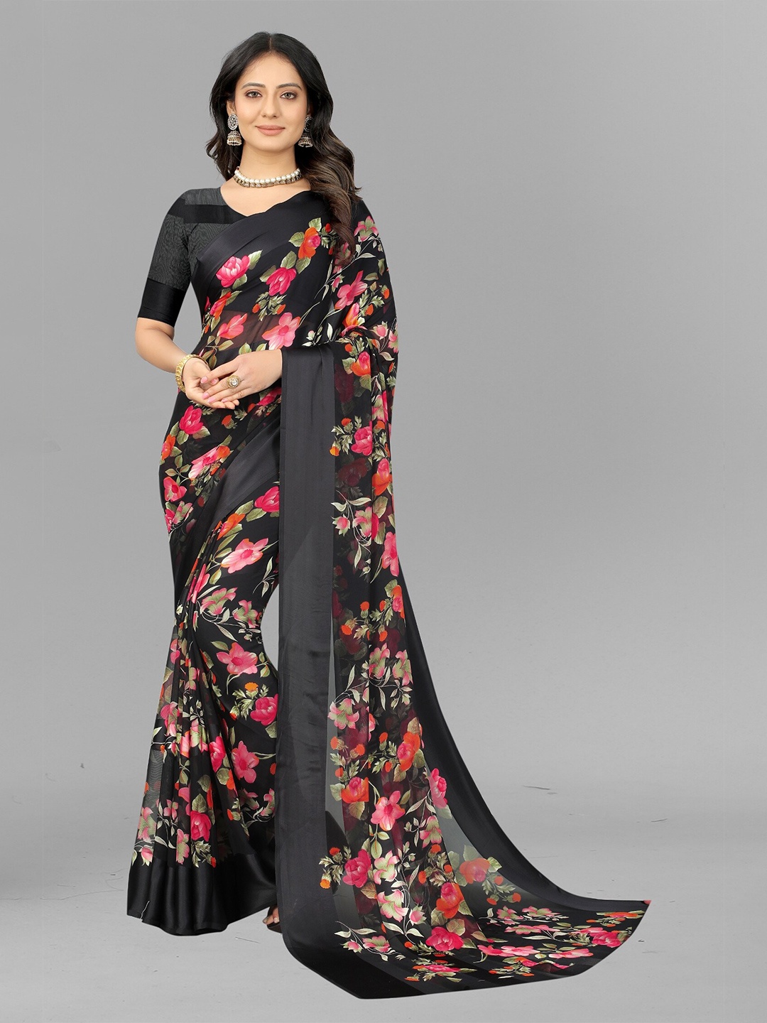 

APNISHA Black & Pink Floral Pure Georgette Saree